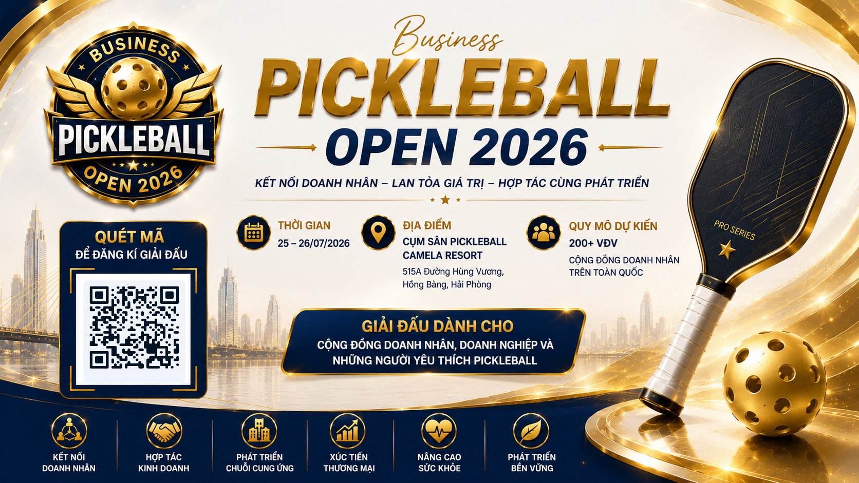 Poster chính thức Business Pickleball Open 2026 — Camela Hotel & Resort, Hải Phòng
